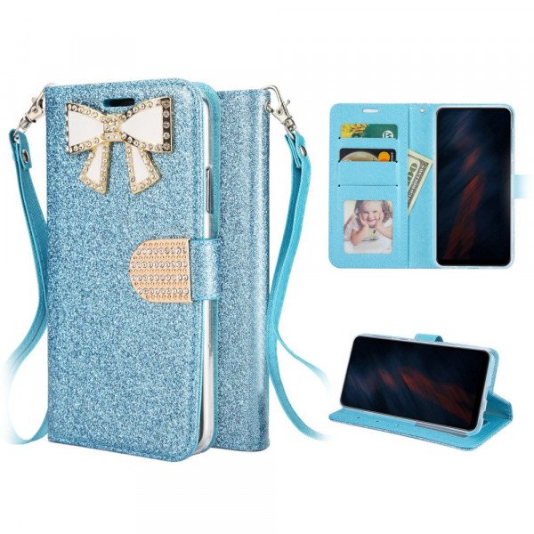 Wholesale Ribbon Bow Crystal Diamond Wallet Case for Samsung Galaxy A71 5G (Light Blue)